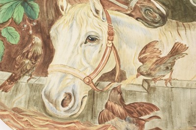 Lot 295 - Brown-Westhead, Moore and Co earthenware wall plaque, painted with two horses and birds, circa 1870, impressed mark