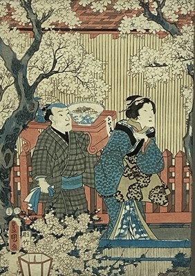 Lot 190 - Two antique Japanese coloured woodblocks depicting figures, 36cm x 25cm, in glazed frames