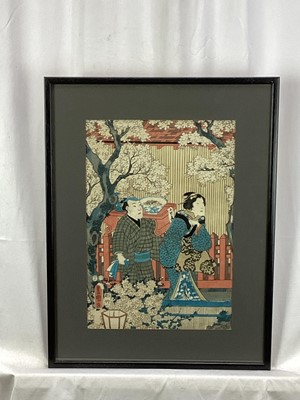 Lot 190 - Two antique Japanese coloured woodblocks depicting figures, 36cm x 25cm, in glazed frames