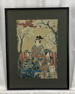Lot 190 - Two antique Japanese coloured woodblocks depicting figures, 36cm x 25cm, in glazed frames