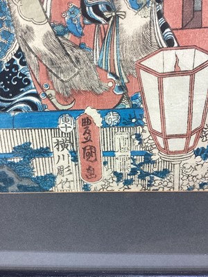 Lot 190 - Two antique Japanese coloured woodblocks depicting figures, 36cm x 25cm, in glazed frames