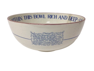 Lot 25 - Earthenware large round bowl, printed in blue with the vessel ‘Caroline’