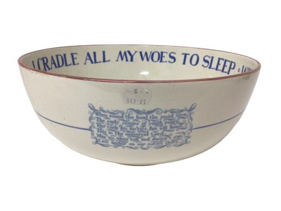 Lot 25 - Earthenware large round bowl, printed in blue with the vessel ‘Caroline’