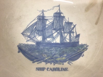 Lot 25 - Earthenware large round bowl, printed in blue with the vessel ‘Caroline’