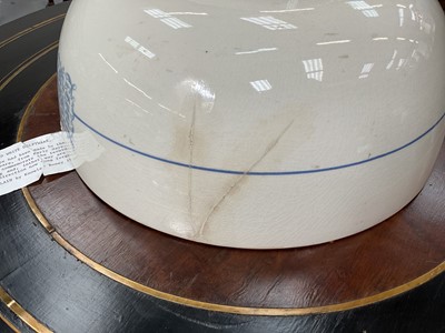 Lot 25 - Earthenware large round bowl, printed in blue with the vessel ‘Caroline’