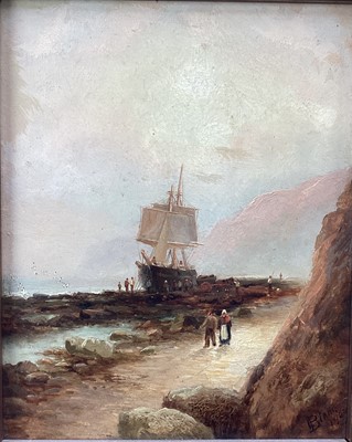 Lot 125 - E. Bland, Edwardian oil on board - Ship on the Shore, Scalby Head, signed and dated 1902, 26cm x 21cm, in gilt frame