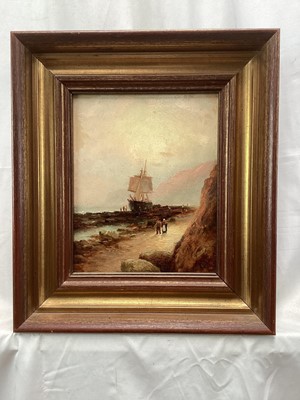 Lot 93 - E. Bland, Edwardian oil on board - Ship on the Shore, Scalby Head, signed and dated 1902, 26cm x 21cm, in gilt frame