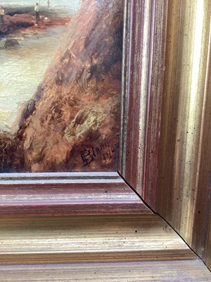 Lot 99 - E. Bland, Edwardian oil on board - Ship on the Shore, Scalby Head, signed and dated 1902, 26cm x 21cm, in gilt frame