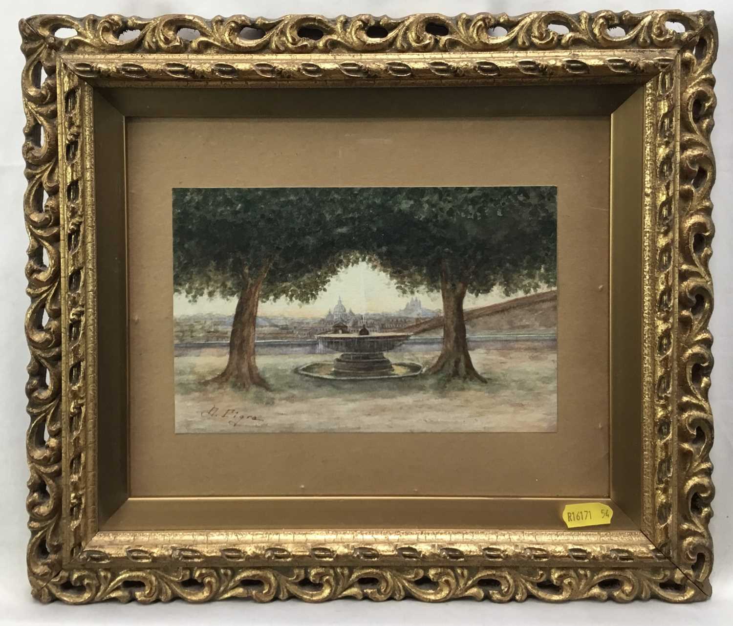 Lot 73 - Italian School, early 20th century, watercolour - The fountain of Villa Medici, Rome, indistinctly signed, 13cm x 20cm, in glazed gilt frame