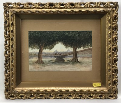 Lot 123 - Italian School, early 20th century, watercolour - The fountain of Villa Medici, Rome, indistinctly signed, 13cm x 20cm, in glazed gilt frame