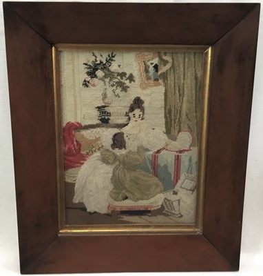 Lot 138 - Two 19th century needlework pictures depicting figures, in maple veneered frames