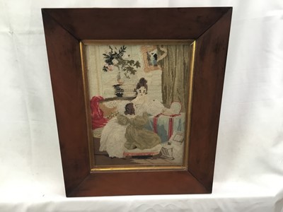 Lot 138 - Two 19th century needlework pictures depicting figures, in maple veneered frames