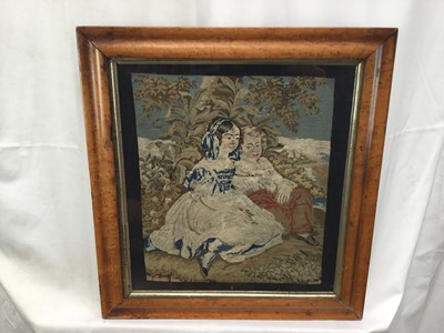 Lot 138 - Two 19th century needlework pictures depicting figures, in maple veneered frames