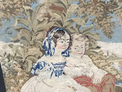 Lot 138 - Two 19th century needlework pictures depicting figures, in maple veneered frames