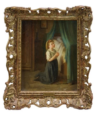 Lot 1029 - Paul Soyer (1823-1903) oil on panel - A child kneeling in prayer at her bedside, signed, 24cm x 19cm, in gilt frame