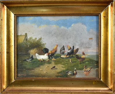 Lot 1031 - Alfred Jacques Verwee (1838-1895) oil on panel - Chickens and ducks by a pond, signed, 18cm x 22cm, in gilt frame