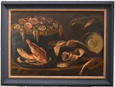 Lot 1037 - Manner of Abraham Hendrickz Van Beyeren (1620 - 1690), oil on canvas - Still Life Fish and Shellfish on a Kitchen Table, 55 x 79cm, in painted frame