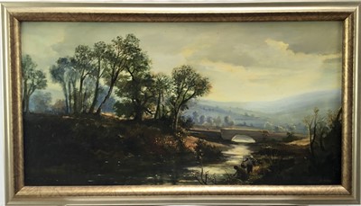 Lot 116 - Andre De Moller (Born 1942) river landscape with trees in the foreground, a bridge beyond, signed, in gilt frame. 41 x 76cm.