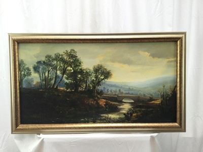 Lot 116 - Andre De Moller (Born 1942) river landscape with trees in the foreground, a bridge beyond, signed, in gilt frame. 41 x 76cm.