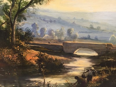 Lot 116 - Andre De Moller (Born 1942) river landscape with trees in the foreground, a bridge beyond, signed, in gilt frame. 41 x 76cm.