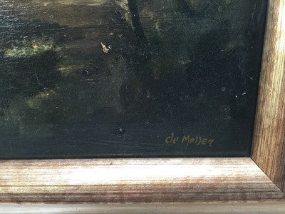 Lot 116 - Andre De Moller (Born 1942) river landscape with trees in the foreground, a bridge beyond, signed, in gilt frame. 41 x 76cm.