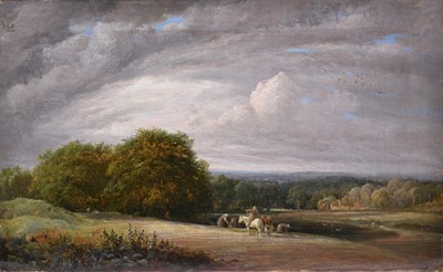 Lot 1054 - Manner of J.M.W Turner, 19th century, oil on canvas - Extensive rural landscape with peasants tilling the land, 28cm x 46cm, unframed