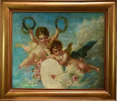 Lot 1039 - Manner of Charles Augustus Lutyens (1829-1915) oil on canvas - Putti in the Clouds with Garlands, 49 x 59cm, in gilt frame