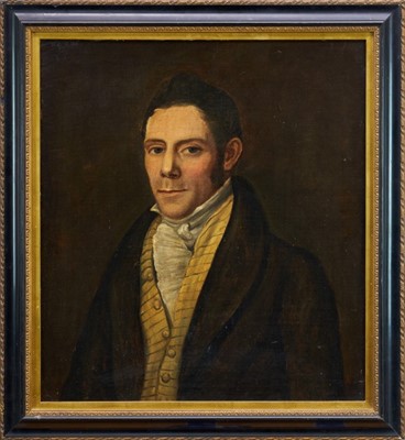 Lot 936 - English School, circa 1810, oil on canvas laid on board - half length portrait of a young gentleman wearing a yellow waistcoat and a white cravat, 55cm x 39cm, in gilt and ebonised frame