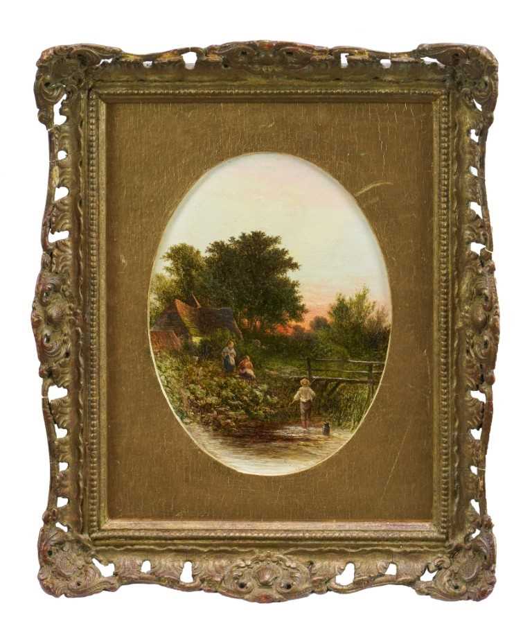 Lot 1164 - George Walter Williams (1834 -1906) oil on canvas - country scene with figures by a bridge over a stream, a cottage beyond, initialled, 20cm x 15cm, in gilt frame