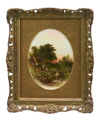 Lot 1030 - George Walter Williams (1834 -1906) oil on canvas - country scene with figures by a bridge over a stream, a cottage beyond, initialled, 20cm x 15cm, in gilt frame