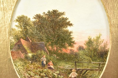Lot 1164 - George Walter Williams (1834 -1906) oil on canvas - country scene with figures by a bridge over a stream, a cottage beyond, initialled, 20cm x 15cm, in gilt frame