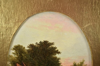 Lot 1164 - George Walter Williams (1834 -1906) oil on canvas - country scene with figures by a bridge over a stream, a cottage beyond, initialled, 20cm x 15cm, in gilt frame