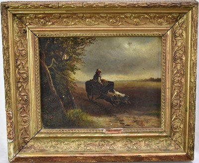 Lot 1055 - French School, 19th century, oil on board - two wheeled cart pulled by four dogs in a field, 19cm x 25cm, in gilt frame