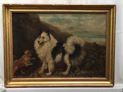 Lot 117 - European School, oil on canvas - Pomeranian dog and a puppy in a landscape, in gilt frame. 28 x 39cm