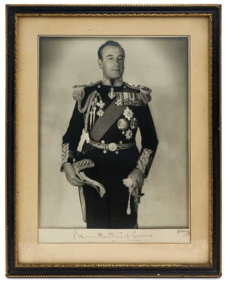 Lot 102 - H.R.H. Admiral Earl Mountbatten of Burma, fine 1940s signed presentation portrait photograph of the Admiral wearing Naval full dress uniform with Orders and Decorations, signed in ink 'Mountbatten...