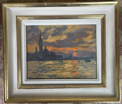 Lot 1517 - *Ken Howard (1932-2022) oil on board, Venetian lagoon scene, signed, 17 x 24cm, glazed frame