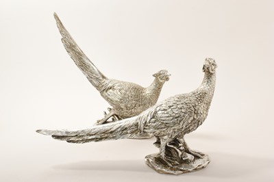 Lot 353 - Pair of contemporary, white metal finished resin pheasant  table ornaments