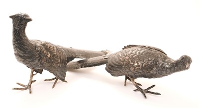 Lot 354 - Pair Continental silver table ornaments, realistically modelled as a cock and hen pheasant