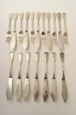 Lot 357 - Twelve pairs of Continental silver, Fiddle pattern, fish knives and forks, and six other knives