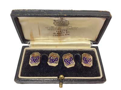 Lot 111 - H.R.H.Prince Philip The Duke of Edinburgh, pair Royal presentation 9ct gold and enamel cufflinks with crowned P cyphers in original box ( Henry Plante, Birmingham 1958)
