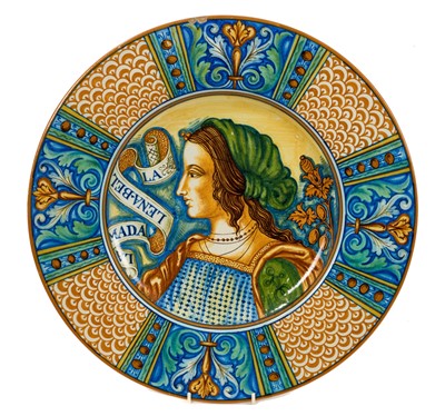 Lot 297 - Italian majolica charger, in the Renaissance style, painted with a portrait of a woman titled 'La Madam Lena-Bella', signed 'Molaroni Pesaro' to base, 48.5cm diameter