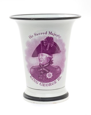 Lot 115 - Scarce George III creamware spill vase printed in puce with 'His Sacred Majesty King George III' and ' Prince Leopold', circa 1818 11.6cm high