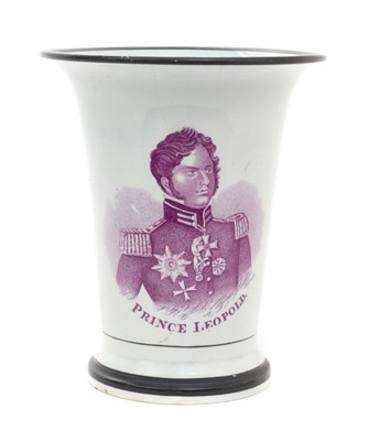 Lot 115 - Scarce George III creamware spill vase printed in puce with 'His Sacred Majesty King George III' and ' Prince Leopold', circa 1818 11.6cm high
