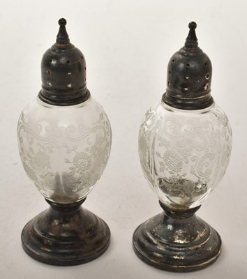 Lot 361 - Pair American cut and etched glass salt pots, with Sterling silver bases and covers