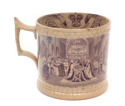 Lot 116 - Scarce King William IV and Queen Adelaide Coronation pottery mug with moulded Gothic border, puce printed Coronation scenes and crowned legend to the interior'William & Adelaide crowned September 8...