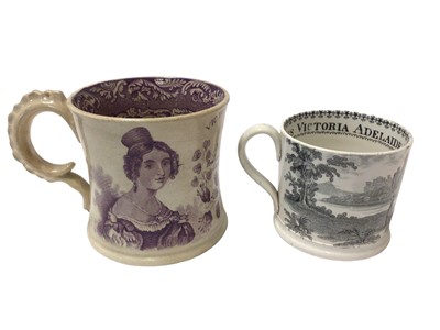 Lot 117 - Scarce Queen Victoria Coronation commemorative pottery mug of waisted form printed in puce with her portrait and crowned legend dated 1838 8.3cm high and Princess Victoria Adelaide Mary Louisa pott...