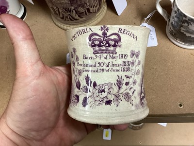 Lot 117 - Scarce Queen Victoria Coronation commemorative pottery mug of waisted form printed in puce with her portrait and crowned legend dated 1838 8.3cm high and Princess Victoria Adelaide Mary Louisa pott...