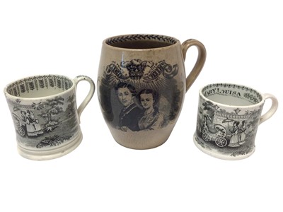 Lot 118 - Two Victorian pottery Princess Victoria Adelaide Mary Louisa commemorative mugs with printed decoration circa 1840 and another pottery tankard printed with the marriage of the Prince and Princess o...