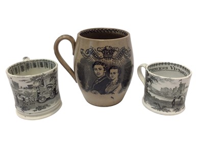 Lot 118 - Two Victorian pottery Princess Victoria Adelaide Mary Louisa commemorative mugs with printed decoration circa 1840 and another pottery tankard printed with the marriage of the Prince and Princess o...