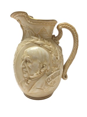 Lot 119 - Victorian Royal Doulton political jug moulded with portrait and coat of arms for William Gladstone on cream ground 18.5cm high